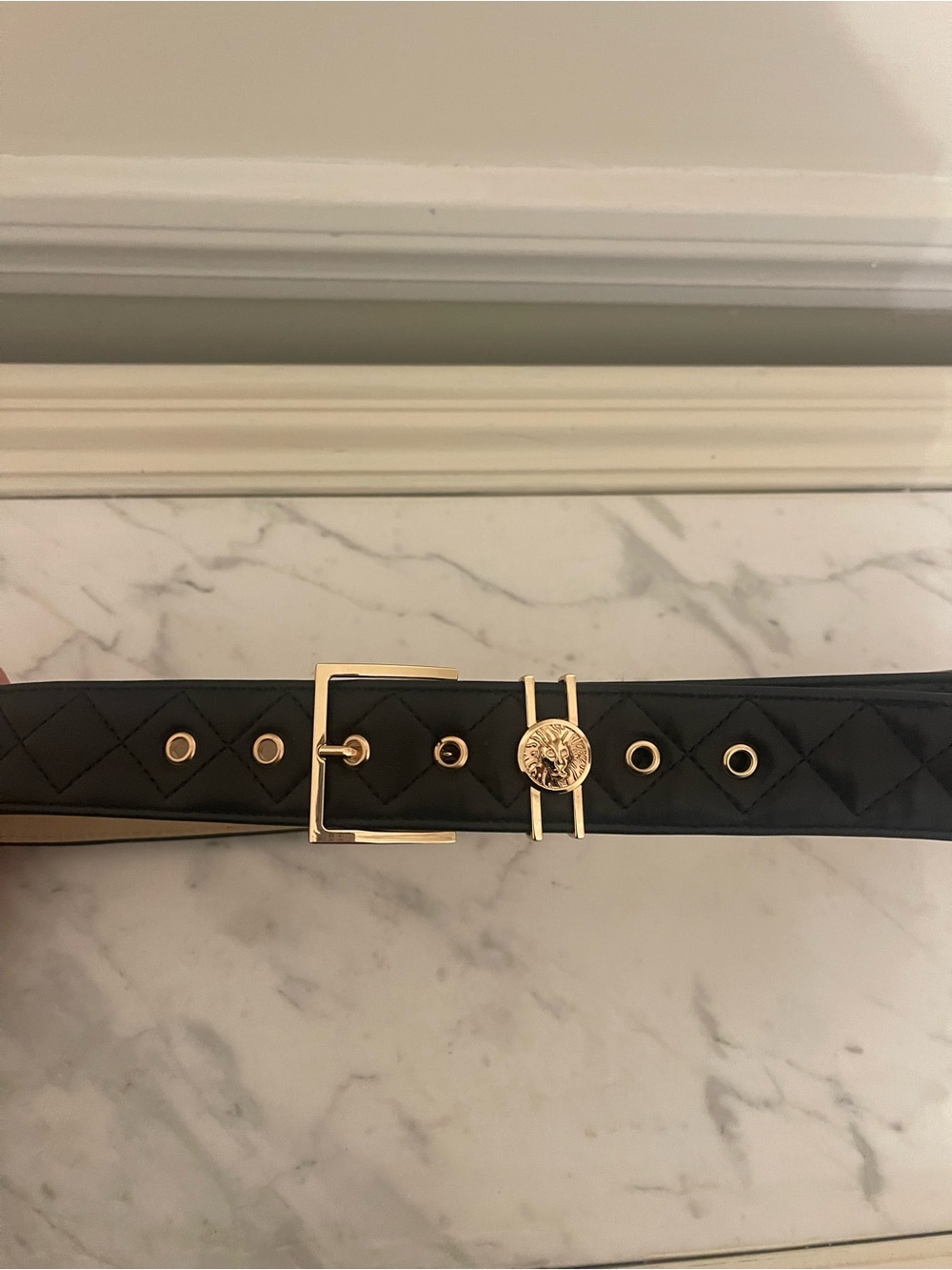 Black Quilted Leather Belt with Gold Medallion Buckle